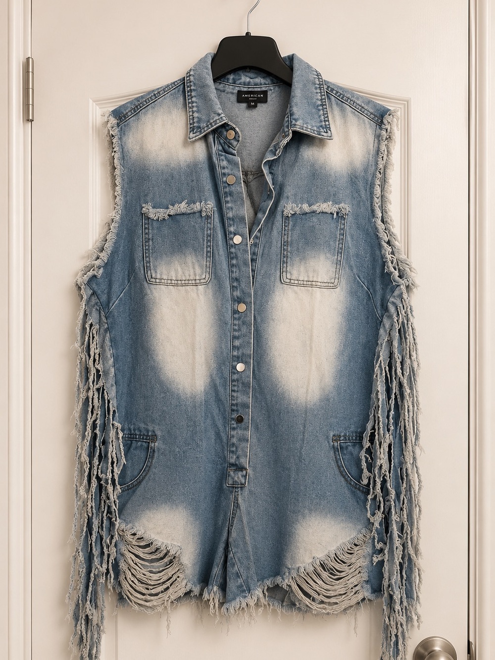 XPLUSWEAR Distressed Fringe Denim Romper - Light Blue NWT